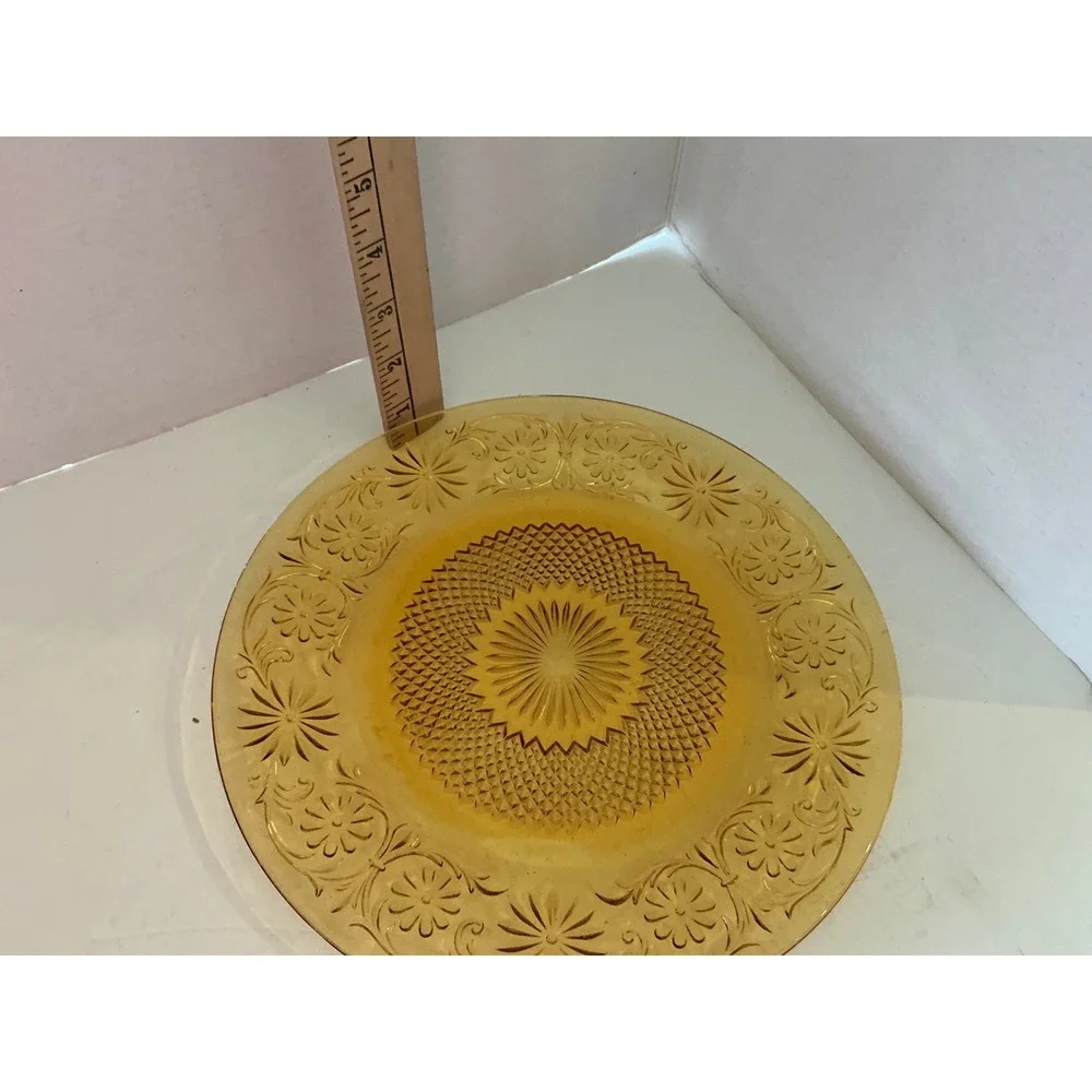 Vintage Tiara Sandwich Glass Plate Amber Floral Embossed 8 Incha